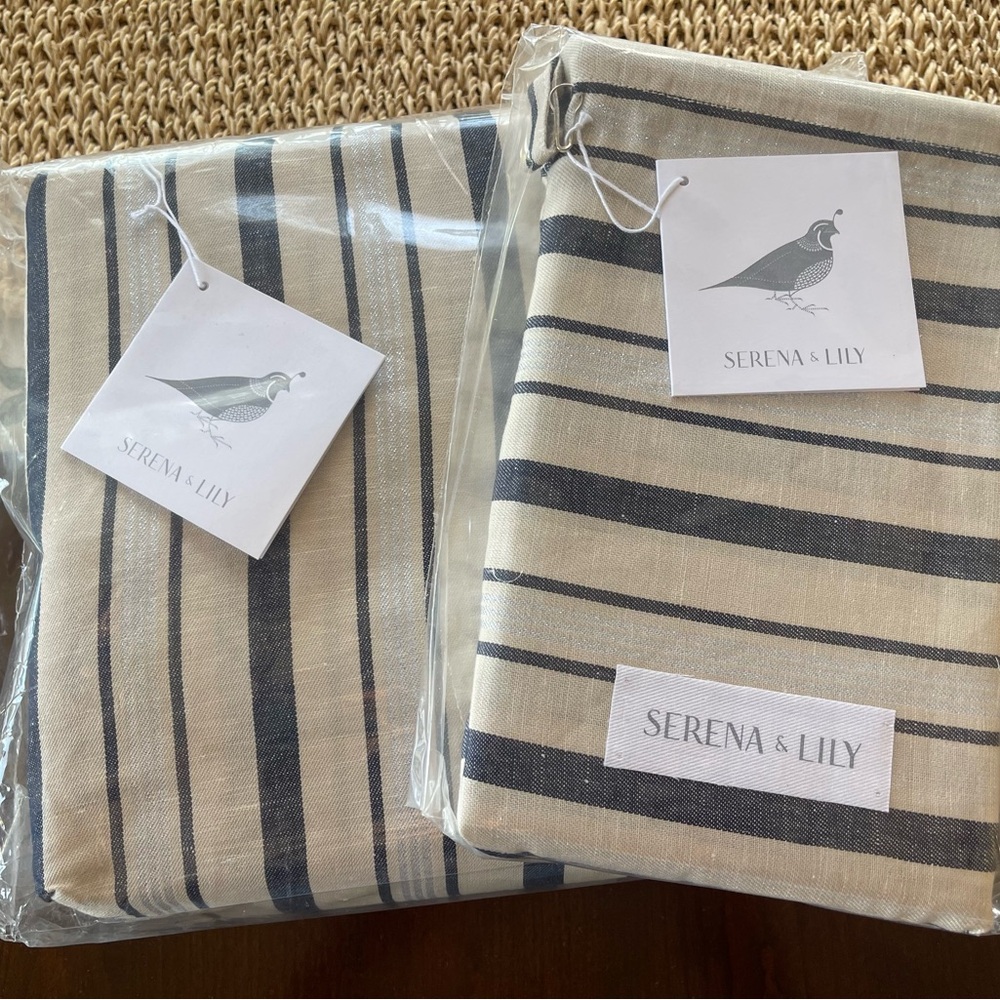 NWT Serena & Lily Navy, silver and Cream Striped Fabric Duvet cover and 2 Euro